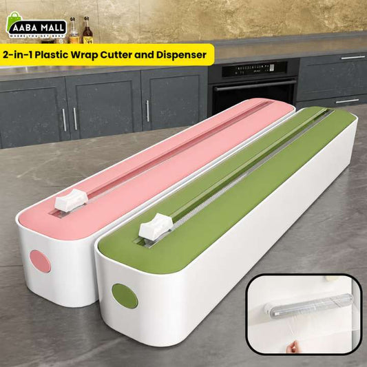 Two 2-in-1 plastic wrap cutters and dispensers shown on a kitchen countertop, one in pink and one in green, with a yellow text banner at the top and a small inset demonstrating the sealing strip.