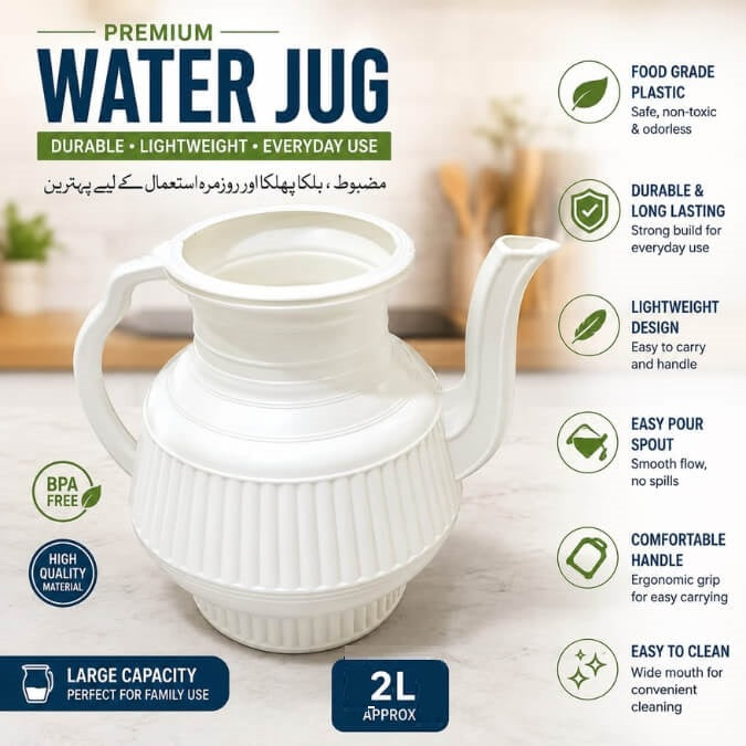 2 Liter plastic Wazu Lota held by hand showing its size