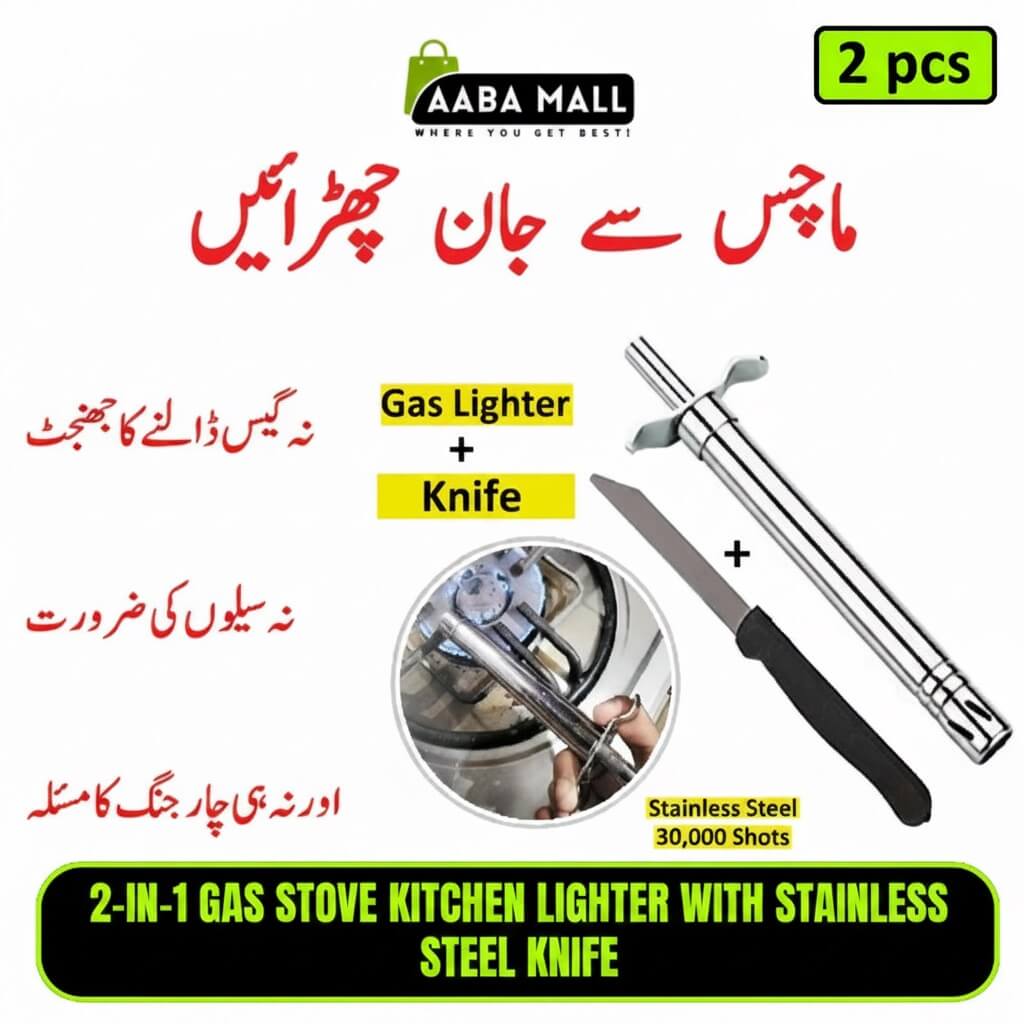 2 Pcs 2-in-1 gas stove kitchen lighter with stainless steel knife shown beside a gas burner for cooking