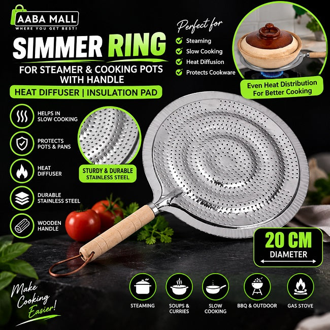 20cm simmer ring for steamer and cooking pots with wooden handle, heat diffuser insulation pad for gas stove cooking
