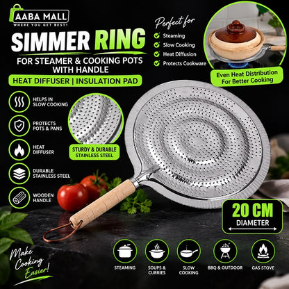 20cm simmer ring for steamer and cooking pots with wooden handle, heat diffuser insulation pad for gas stove cooking
