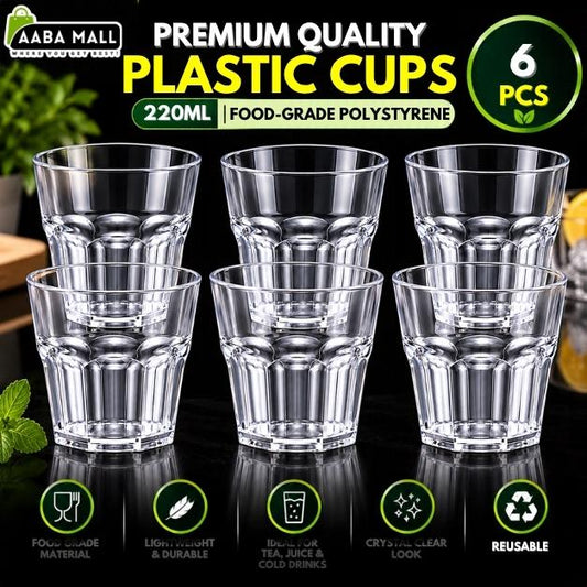 Pack of 6 transparent 220ml ribbed glass cups for serving tea, water, juice, cold drinks and everyday beverages