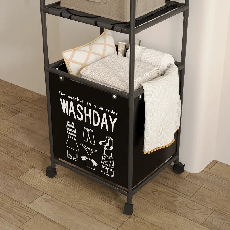 3-Tier Rolling Laundry Hamper with Wheels | Multi-Compartment Clothes Basket | Rustic Style Plastic Laundry Organizer for Bedroom, Bathroom & Home - AABA MALL