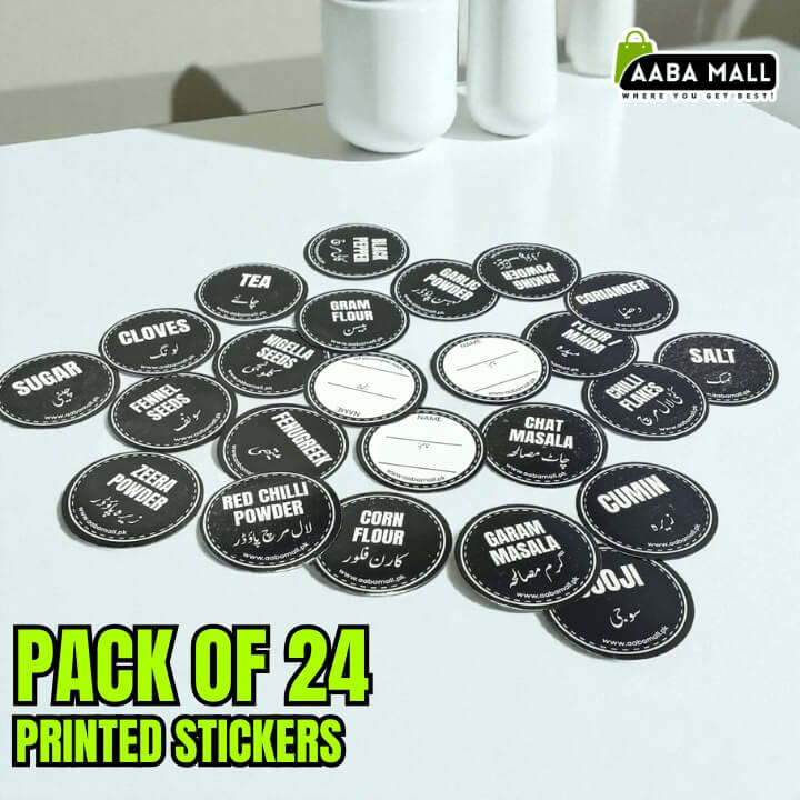 Pack of 24 printed stickers on a white surface with 'AABA MALL' branding.