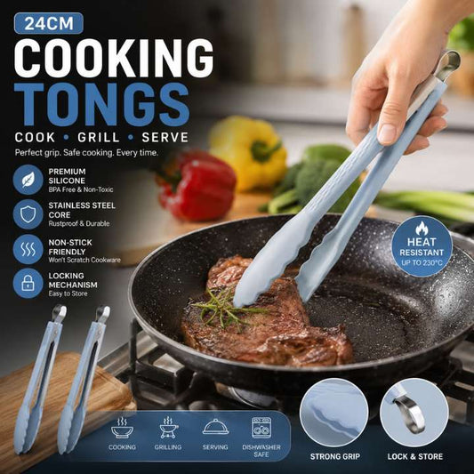 24CM Cooking Tongs | Premium Silicone BPA Free Non‑Stick Stainless Steel BBQ Grilling Locking Food Tong for Kitchen & Outdoor Cooking