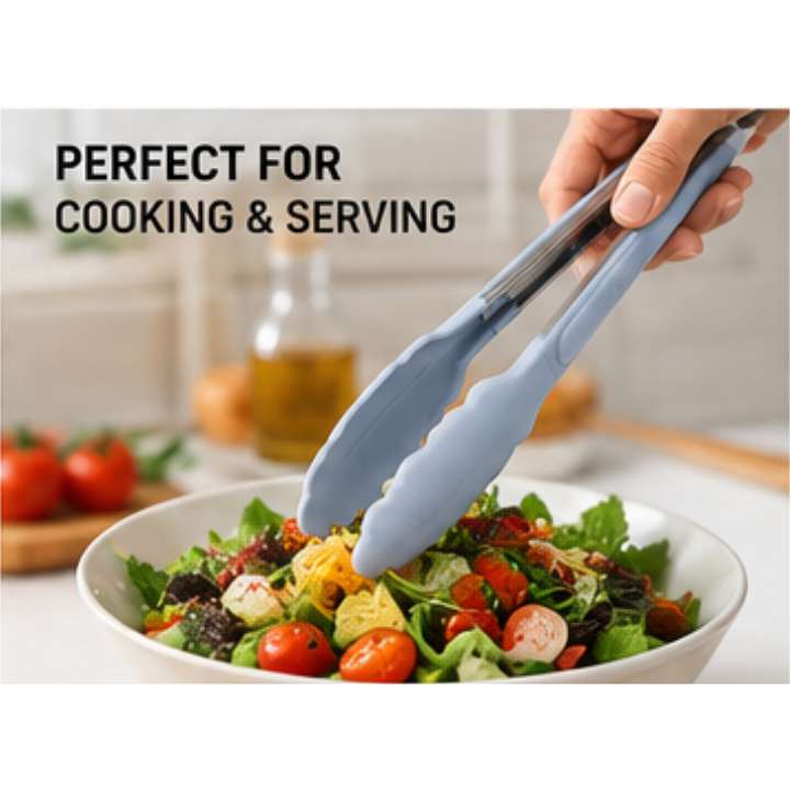 24CM Cooking Tongs | Premium Silicone BPA Free Non‑Stick Stainless Steel BBQ Grilling Locking Food Tong for Kitchen & Outdoor Cooking