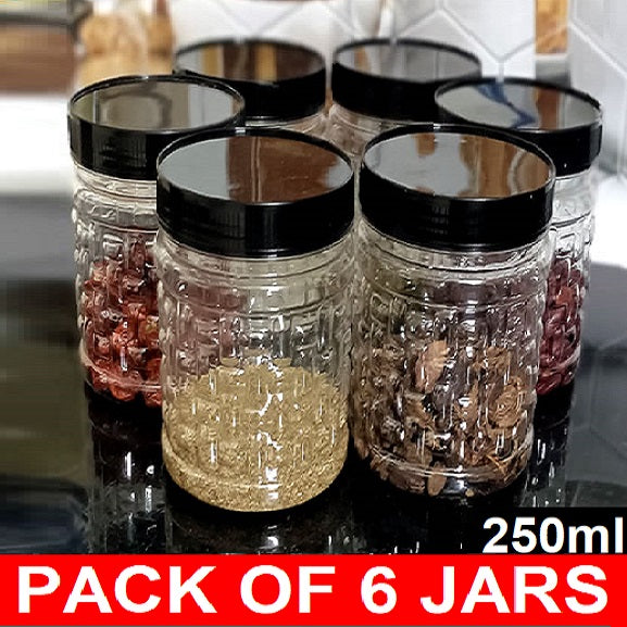 250GM plastic snack storage jar with black airtight lid shown on a kitchen counter