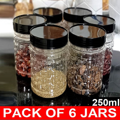 250GM plastic snack storage jar with black airtight lid shown on a kitchen counter