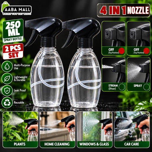 Pack of 2 transparent 250ml spray bottles with black 4-in-1 adjustable nozzles for plants, home cleaning, glass and car care.