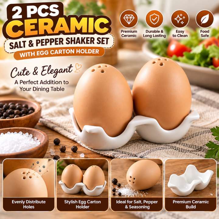 2 Pcs Ceramic Salt and Pepper Shaker Set with Egg-Shaped Ceramic Seasoning Jars and Carton Style Holder for Kitchen Dining Table Decor