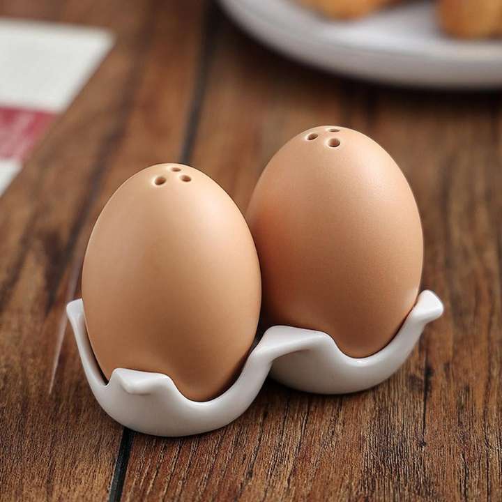 2 Pcs Ceramic Salt and Pepper Shaker Set with Egg-Shaped Ceramic Seasoning Jars and Carton Style Holder for Kitchen Dining Table Decor