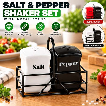 2 Pcs Iron Frame Ceramic Salt & Pepper Shaker Set with Metal Stand | Adjustable Spice Grinder Bottles | Tabletop Seasoning Jar Container