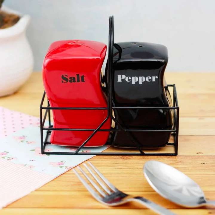 2 Pcs Iron Frame Ceramic Salt & Pepper Shaker Set with Metal Stand | Adjustable Spice Grinder Bottles | Tabletop Seasoning Jar Container
