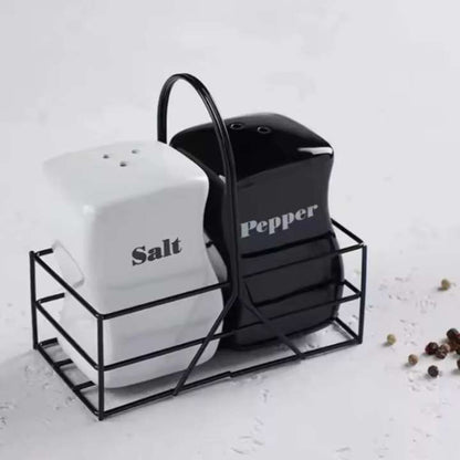 2 Pcs Iron Frame Ceramic Salt & Pepper Shaker Set with Metal Stand | Adjustable Spice Grinder Bottles | Tabletop Seasoning Jar Container
