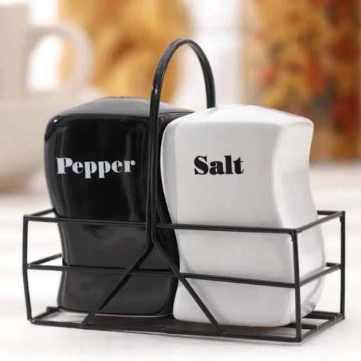 2 Pcs Iron Frame Ceramic Salt & Pepper Shaker Set with Metal Stand | Adjustable Spice Grinder Bottles | Tabletop Seasoning Jar Container