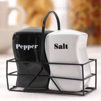 2 Pcs Iron Frame Ceramic Salt & Pepper Shaker Set with Metal Stand | Adjustable Spice Grinder Bottles | Tabletop Seasoning Jar Container