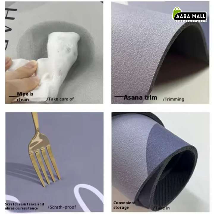 A 2x2 collage showing a gray textured floor mat or pad: a hand wiping a clean area, a close-up of the curved trim, a gold fork scratching the surface, and the mat rolled up for storage. The ABA MALL logo appears in the top-right corner.