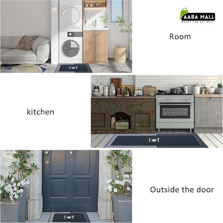A collage showing a black rectangular doormat in three real-world settings: in a living room labeled 'Room', in a kitchen labeled 'kitchen', and outside a door labeled 'Outside the door'. The AABA MALL logo appears in the top right.