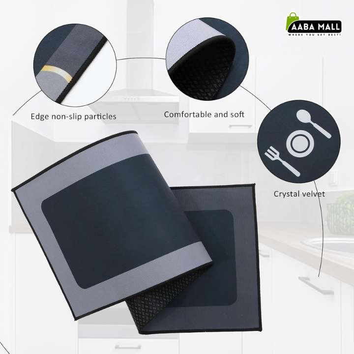 Two dark gray rectangular mats or pads shown on a light kitchen background, with circular callouts highlighting edge non-slip particles, comfort, and crystal velvet texture. An ABA MALL logo appears in the top right.