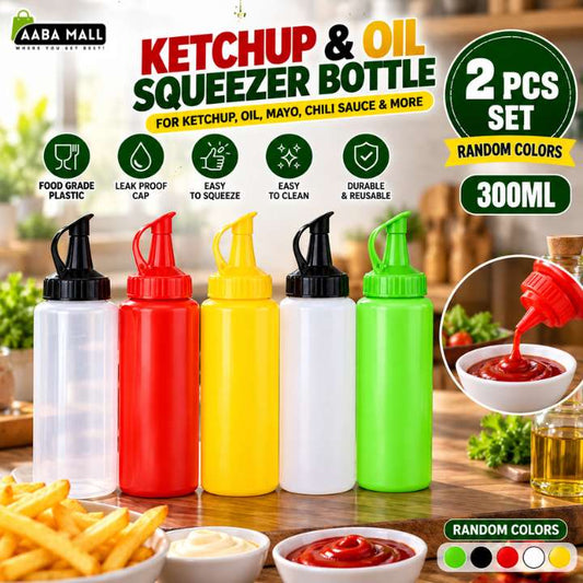 2 Pcs ketchup and oil squeezer bottle set plastic sauce dispenser bottles for ketchup, cooking oil, mayonnaise, chili sauce, dressing and condiments