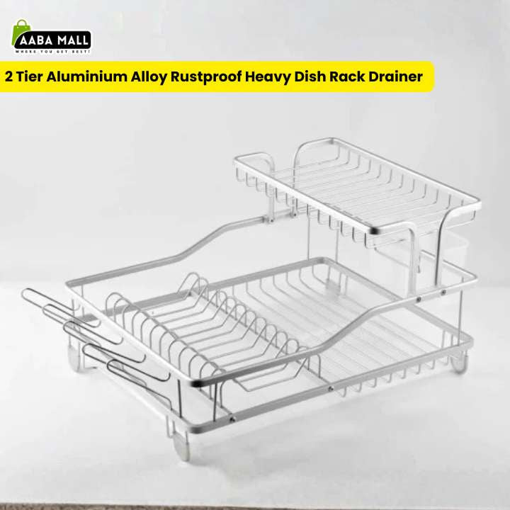 2-tier aluminium alloy rustproof heavy dish rack drainer on a white background with Aaba Mall branding.