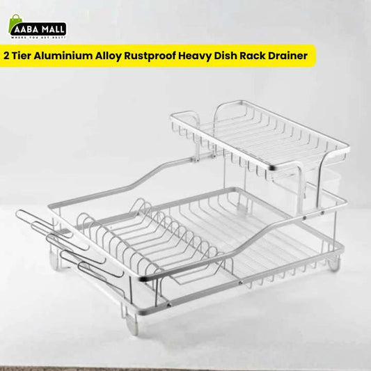 2-tier aluminium alloy rustproof heavy dish rack drainer on a white background with Aaba Mall branding.