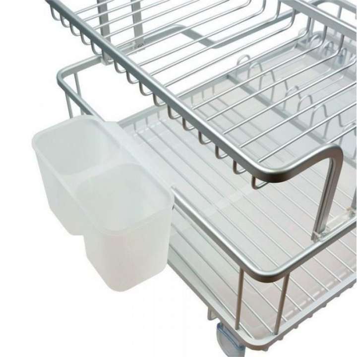 Metal kitchen cart with a trash can holder on a white background