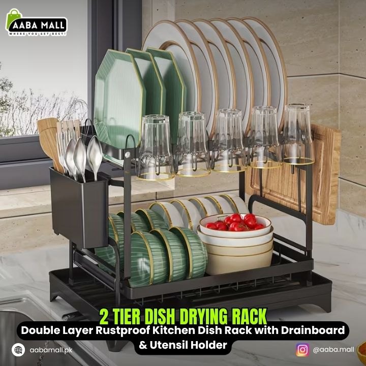 2-tier dish drying rack with kitchen utensils and dishes on a kitchen counter.