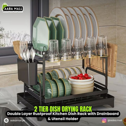 2-tier dish drying rack with kitchen utensils and dishes on a kitchen counter.