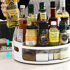 Spice rack with various bottles and containers on a table