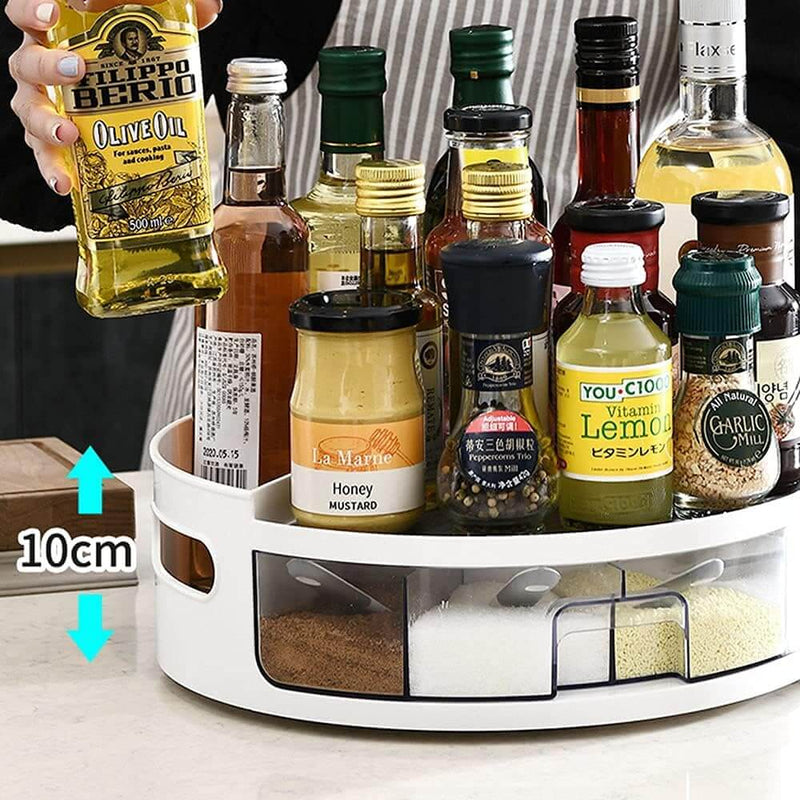 Spice rack with various bottles and containers on a table