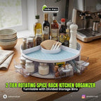 2-tier rotating spice rack kitchen organizer on a wooden countertop with various spices and bottles.