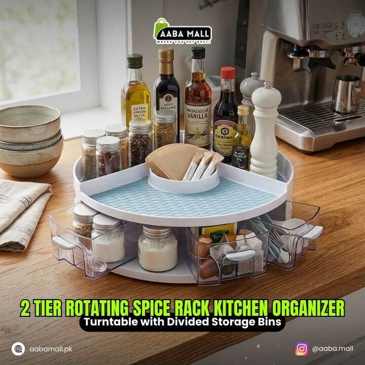 2-tier rotating spice rack kitchen organizer on a wooden countertop with various spices and bottles.