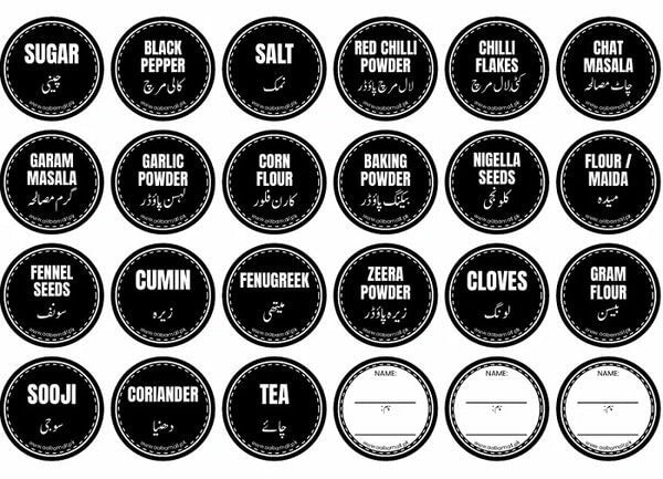 Set of black round labels with white text and names of various spices and ingredients.