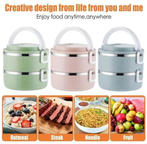 A stainless steel thermal lunch box with a multi-layer design shown with food inside, indicating its use and functionality. The lunch box is presented in different colors, and the image highlights its resistance to high temperatures.