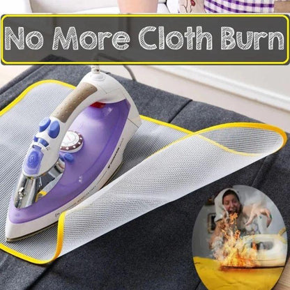 A white and purple ironing board protector sheet with a yellow trim is shown under a purple and white steam iron on a dark gray fabric surface. A black banner at the top reads 'No More Cloth Burn' and a circular inset shows a person reacting to a burning cloth.