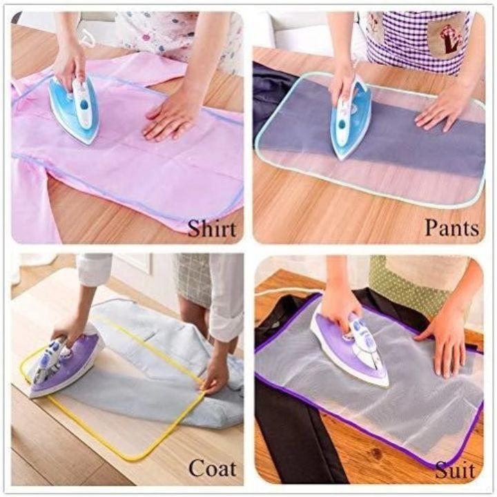 A four-panel collage demonstrating a transparent mesh garment ironing mat with colored borders. The mat is shown around shirts, pants, a coat, and a suit while a person uses an iron on each item.