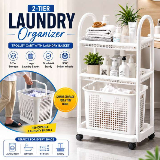 2‑Tier Laundry Basket Organizer Trolley Plastic Cart Shelf Rack for Home, Bathroom & Kitchen Storage
