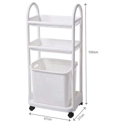 2‑Tier Laundry Basket Organizer Trolley Plastic Cart Shelf Rack for Home, Bathroom & Kitchen Storage