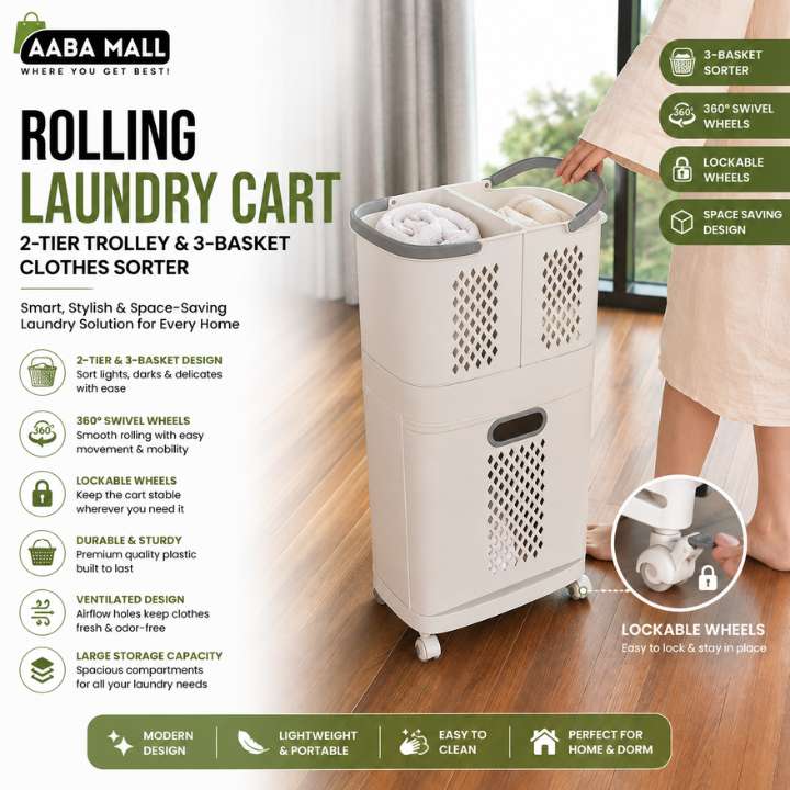 Rolling Laundry Cart with Wheels | 2‑Tier Trolley & 3‑Basket Clothes Sorter | Mobile Laundry Organizer for Home