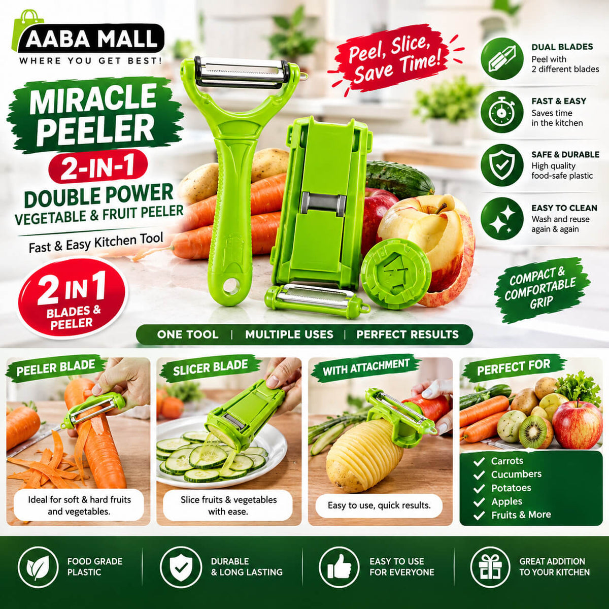 Miracle Peeler Dual Blades | 2‑in‑1 Double Power Vegetable & Fruit Peeler | Fast & Easy Kitchen Tool