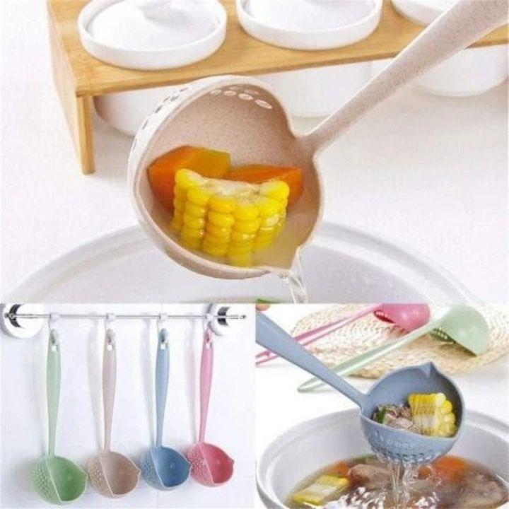 2 in 1 Long Handle Soup Spoon & Strainer | Creative Wheat Straw Cooking Colander | Kitchen Scoop Tableware Tools