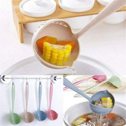 2 in 1 Long Handle Soup Spoon & Strainer | Creative Wheat Straw Cooking Colander | Kitchen Scoop Tableware Tools