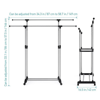 Adjustable Double Pole Clothes Stand – Portable Garment Rack with Wheels | Rolling Coat Hanger Organizer & Display Stand
