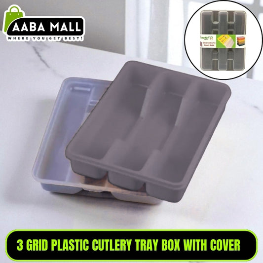 3-Grid Plastic Cutlery Organizer Box with Lid – Classic Covered Tray for Spoon, Fork & Knife – Compartmental Storage Holder for Kitchen Drawer or Countertop