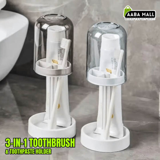 3-in-1 Toothbrush Holder & Toothpaste Dispenser Set ? Bathroom Organizer with Mouthwash Cup & Dustproof Cover