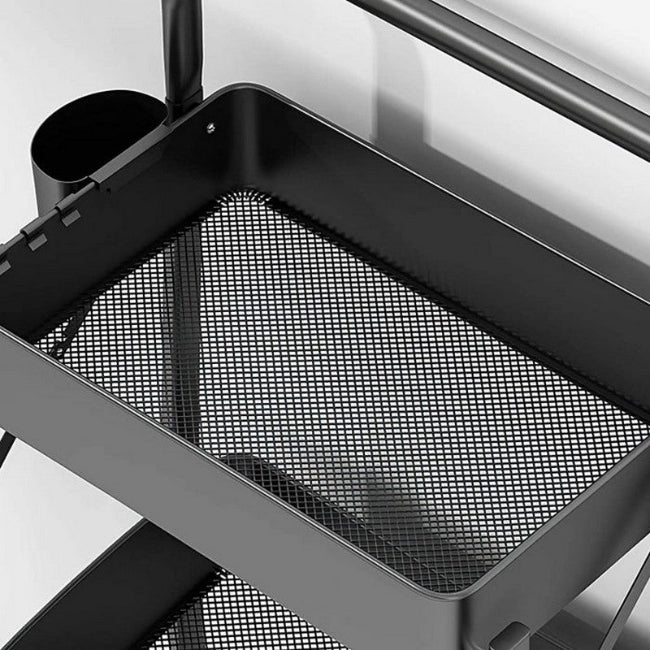 Black 3-layer portable folding metal utility cart trolley with wheels, shown in open position for kitchen and bathroom storage