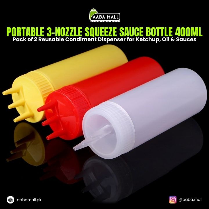 Pack of 2 Portable 3-Nozzle Squeeze Sauce Bottle 400ml – Reusable Condiment Dispenser for Ketchup, Oil & Sauces