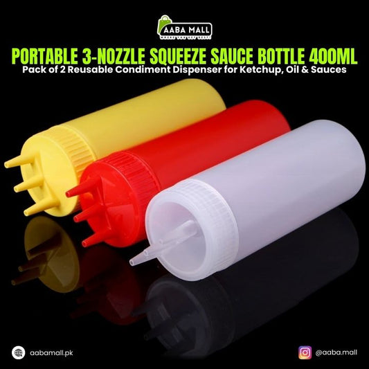 Pack of 2 Portable 3-Nozzle Squeeze Sauce Bottle 400ml – Reusable Condiment Dispenser for Ketchup, Oil & Sauces
