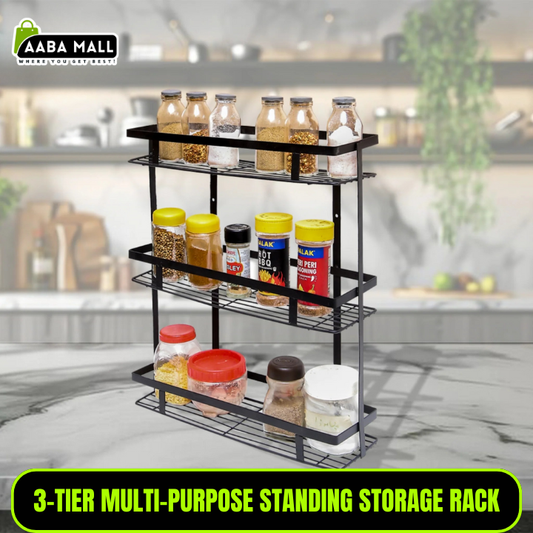 3 tier storage rack, wall mounted shelf, standing organizer, spice rack, kitchen organizer, bathroom shelf, makeup stand, iron rack, black storage rack, shower shelf
